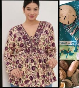 Fall Ready Torrid Babydoll Rayon Crepe Embroidered Lace-Up Top Size 1X•